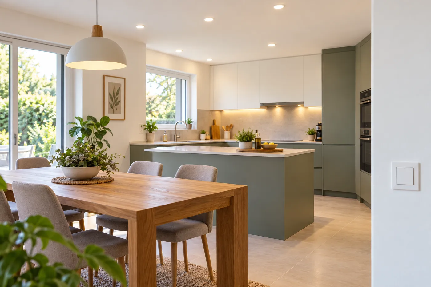 Spots LED encastrés au plafond d'une cuisine rénovée, avec suspension au-dessus de la table